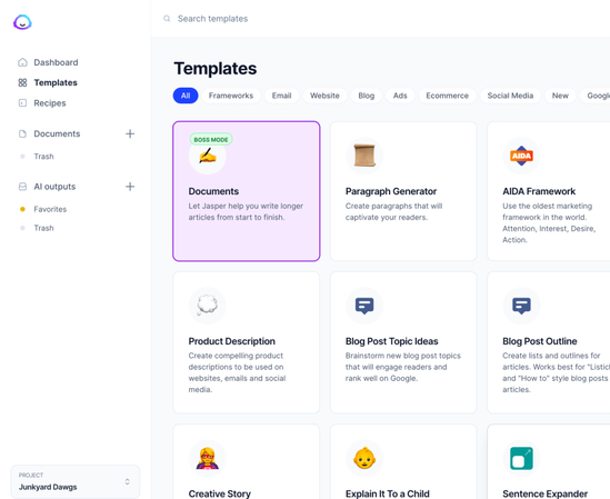 jasper ai content generation interface for marketers