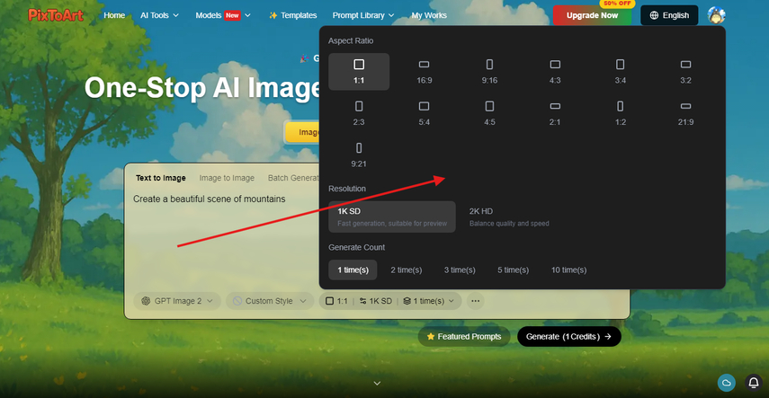 choose a preset, aspect ratio, and quality settings in pictoart