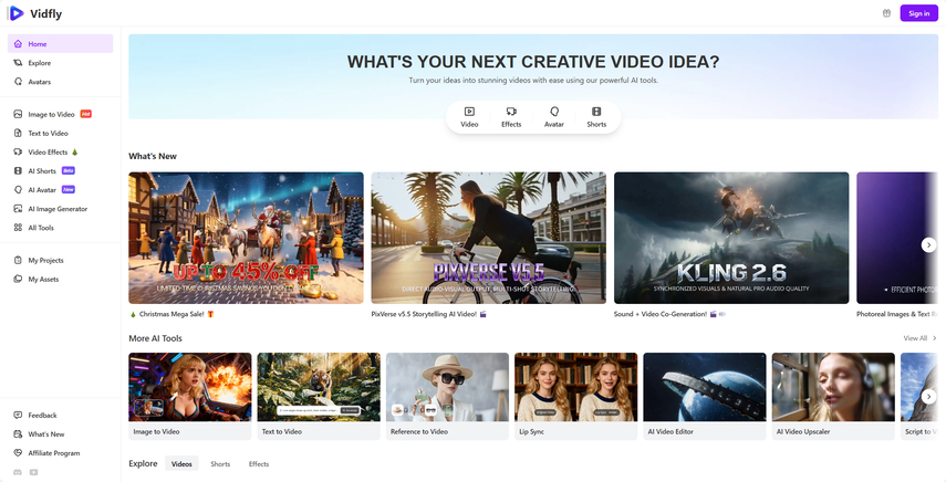 Vidfly AI video generator key features and user interface