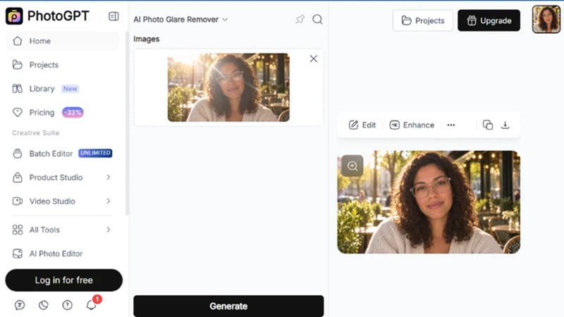 reviewing and downloading a glare-free photo from photogpt