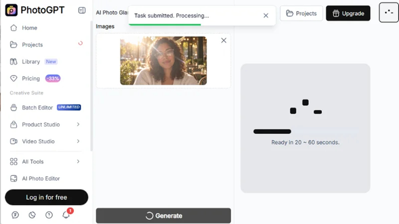 starting automatic glare removal with the photogpt generate button