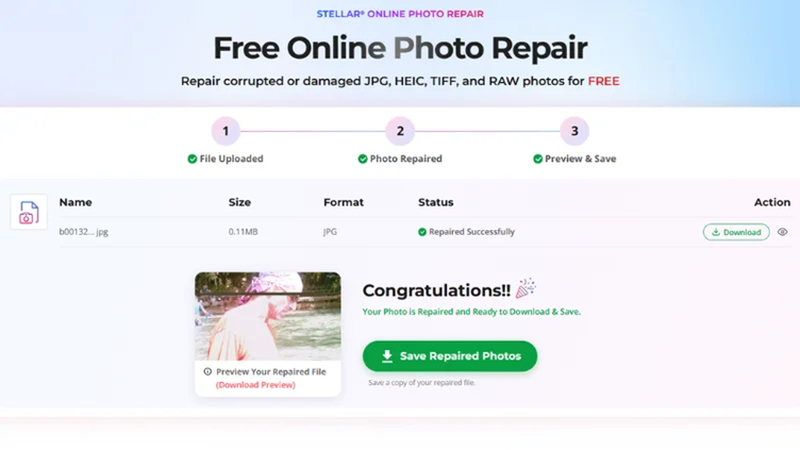 saving a repaired photo from stellar online photo repair