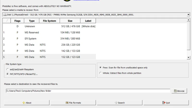 selecting the source drive and recovery destination in photorec
