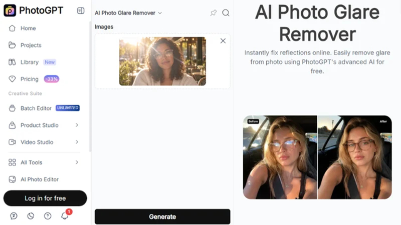 uploading a glare-affected photo to photogpt online