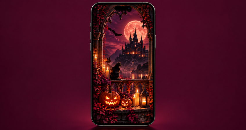 Aesthetic Halloween wallpaper with gothic style and candles