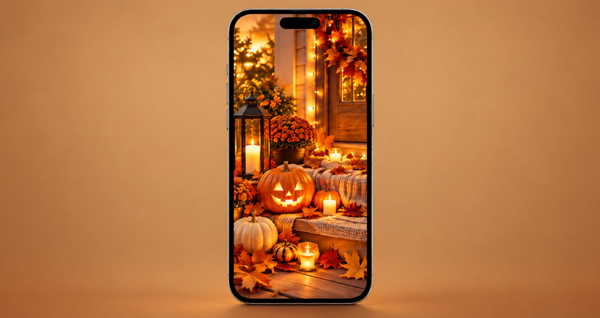 Cozy Halloween wallpaper with pumpkins and autumn leaves