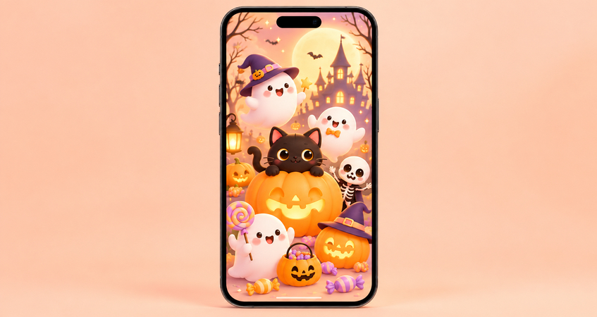 Cute Halloween iPhone wallpaper with ghosts and pumpkins