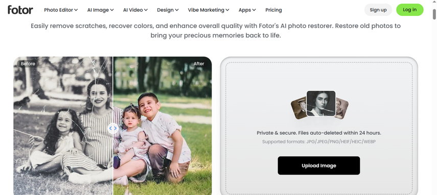 Fotor web browser interface processing a vintage photograph repair