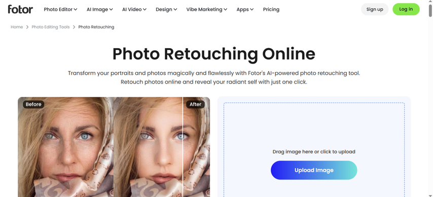 واجهة محرر Fotor لتنقيح الصور بالذكاء الاصطناعي عبر الإنترنت