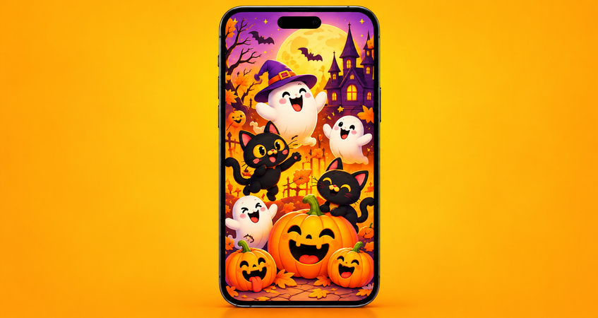 Funny Halloween wallpaper with cute ghosts and pumpkins
