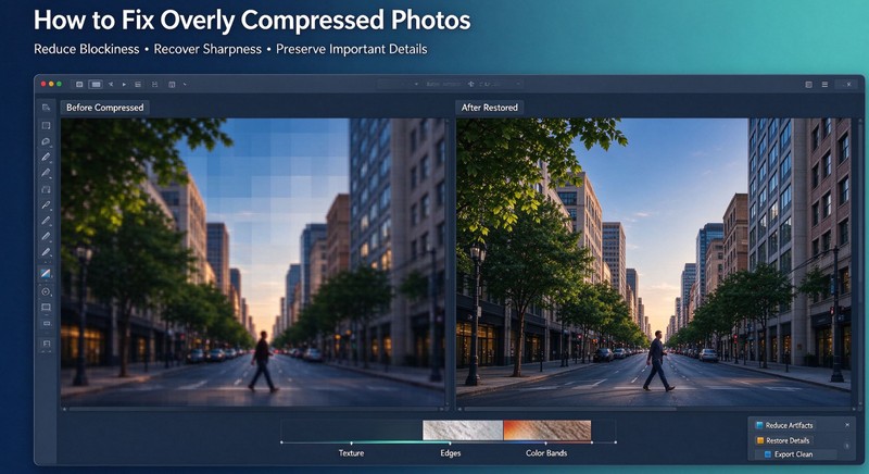 Before and after repair of an overly compressed photo
