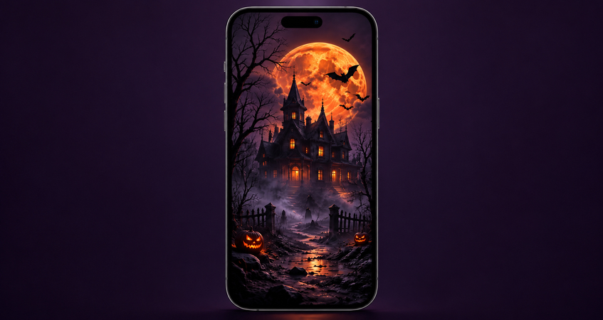 Spooky Halloween wallpaper with haunted house and moon