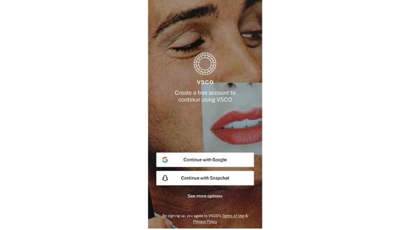 account registration and sign-in screen in vsco