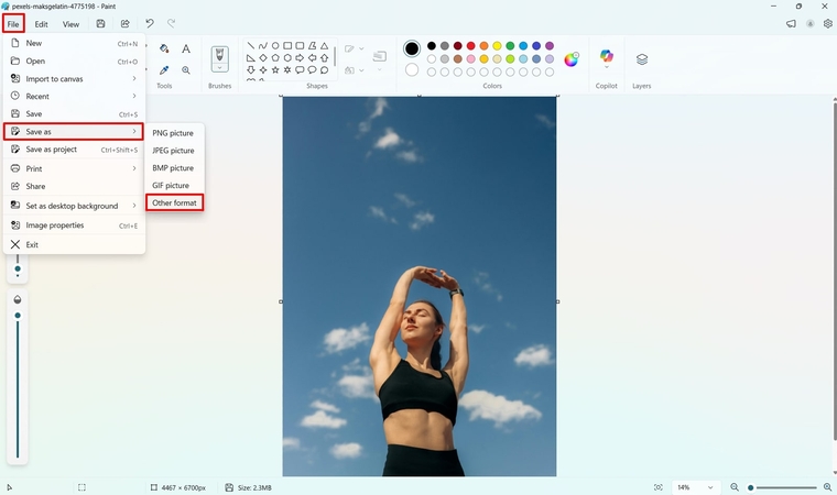 open save as option paint