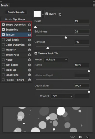 adjust brush settings to generate snowflakes