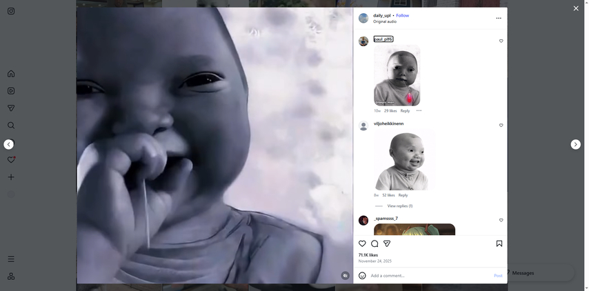 ai baby holding laugh meme origin in instagram