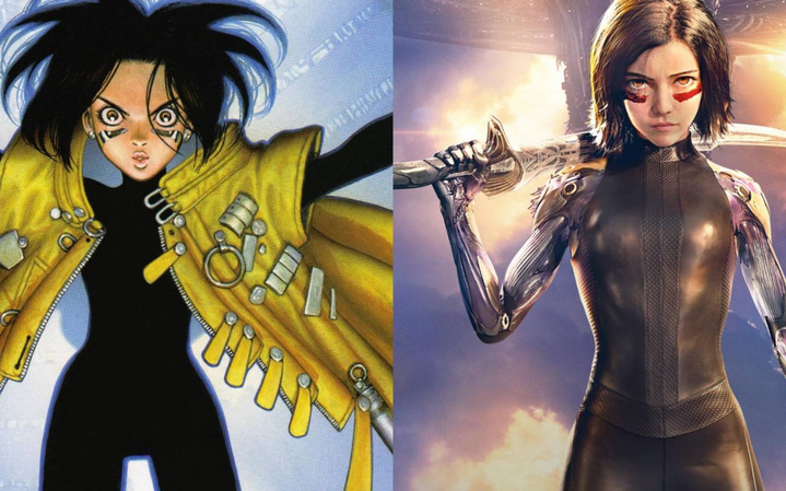split image showing animated alita character next to realistic live action cyborg warrior