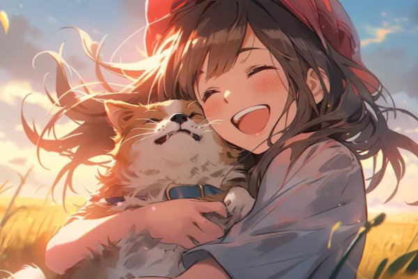 anime girl hugging cat in sunny field