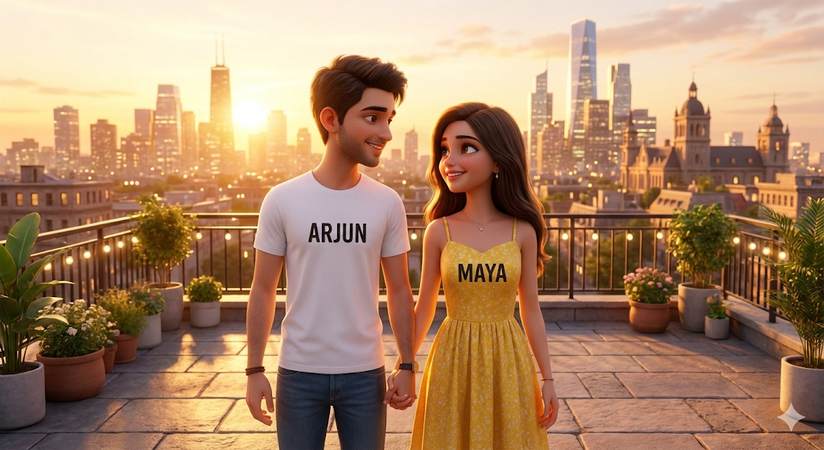 romantic-couple-standing-on-terrace-with-arjun-and-maya-names