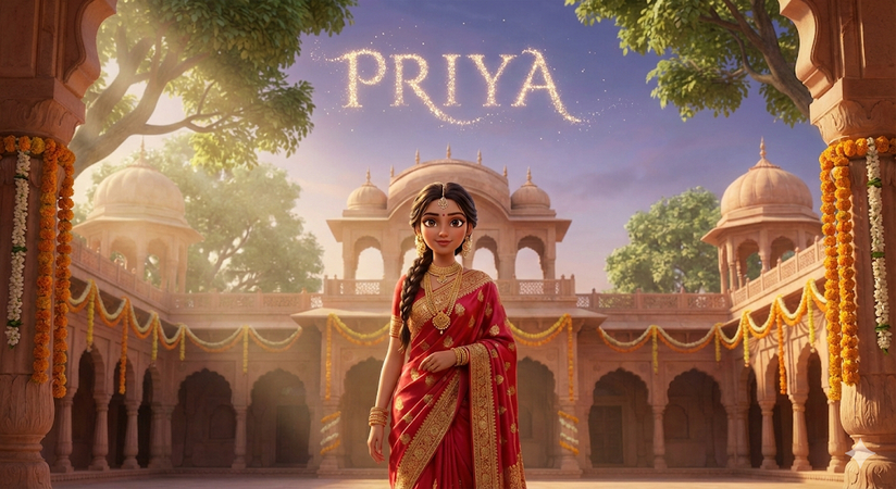indian-girl-wearing-red-saree-with-priya-name-in-sky