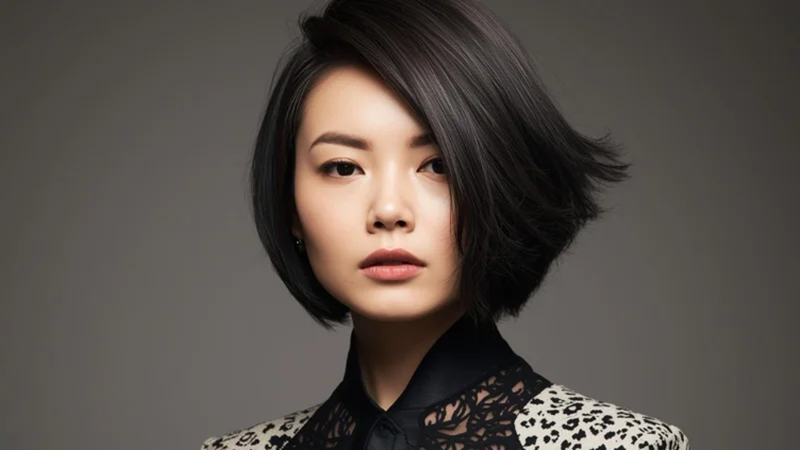 asymmetrical bob hairstyle for round face women