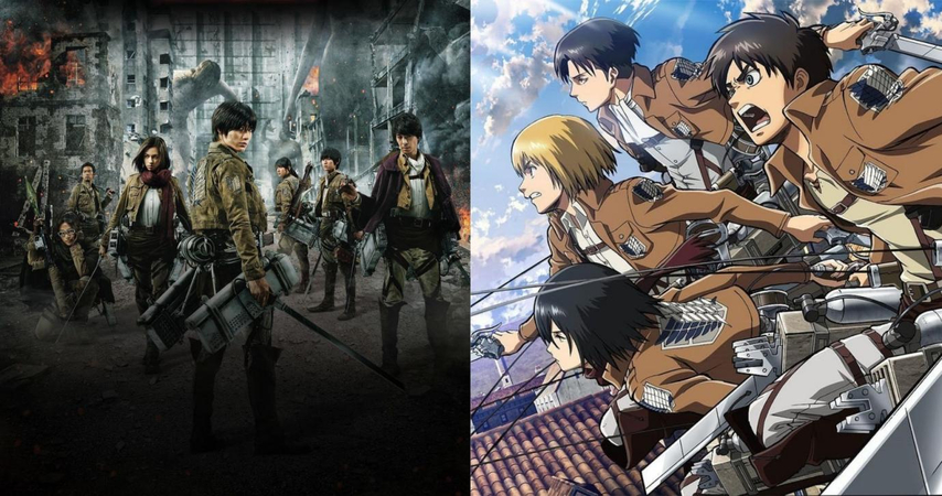 anime scout soldiers and giant titan compared with realistic live action battle scene