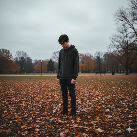 sad boy standing in autumn park