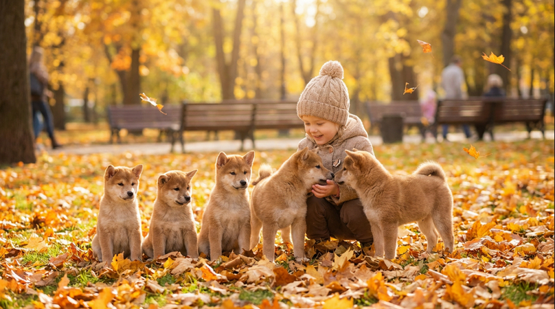 shiba inu puppies in autumn park