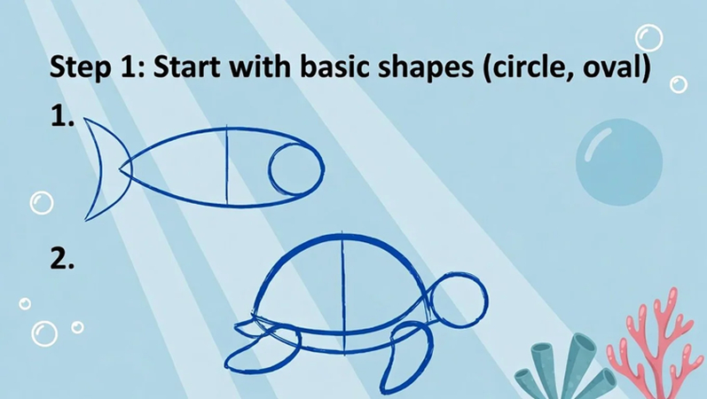 draw sea animals using circle and oval shapes