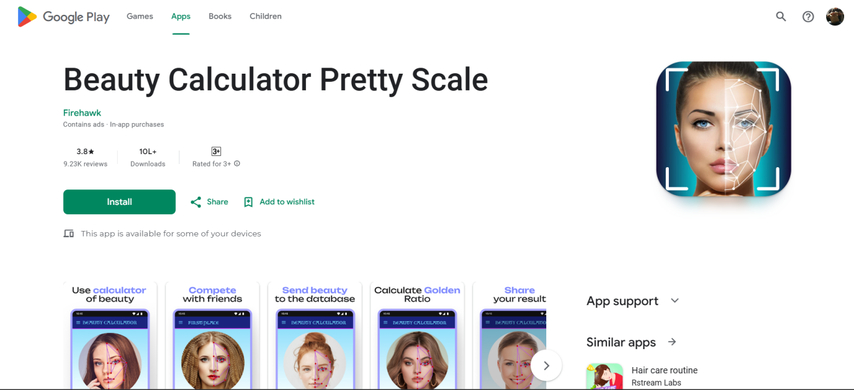 playstore screenshot of beauty calculator app