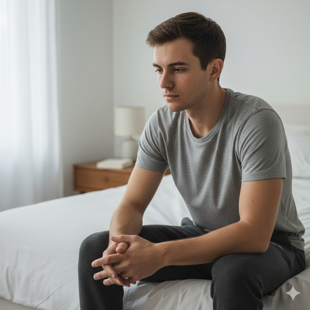 sad boy sitting near bedroom window