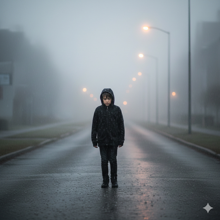 sad boy standing in rain wearing hoodie