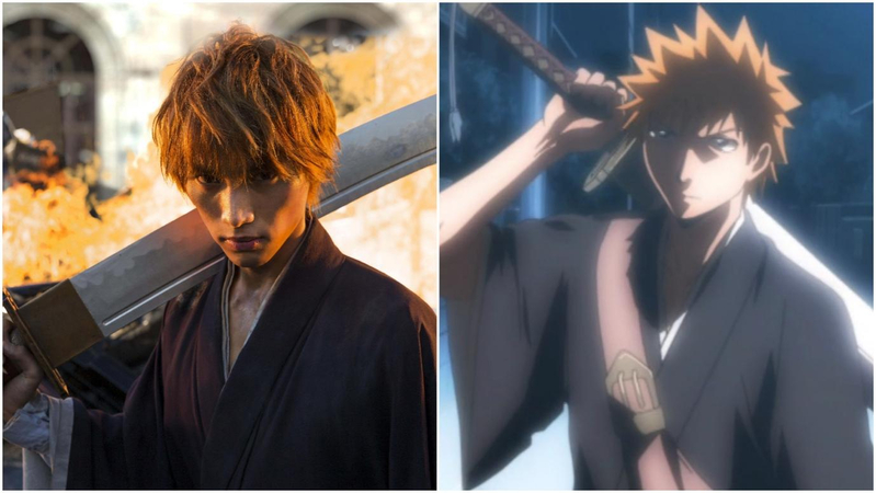 ichigo kurosaki soul reaper form in anime style beside the live action movie costume
