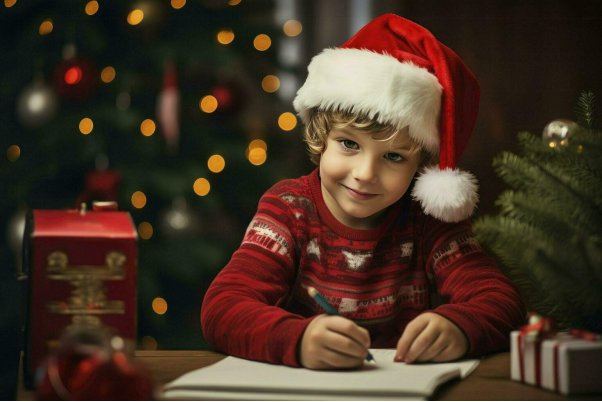 boy writing letter in santa hat ai prompts for kids photography