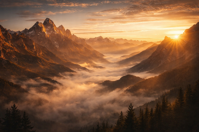 cinematic sunrise mountain landscape with golden light and misty valleys