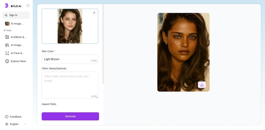 محرر الصور Bylo AI لتغيير لون البشرة أونلاين