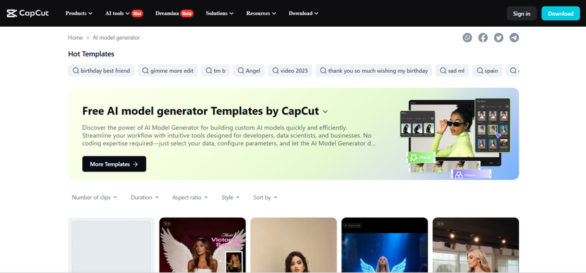 CapCut 의류 모델의 홈페이지 스크린샷
