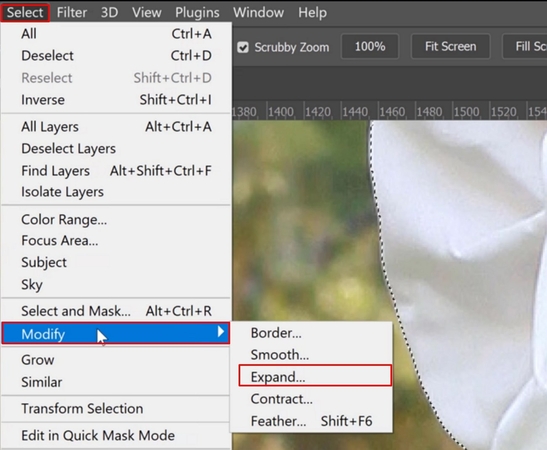 수정 메뉴에서 수정 옵션 선택