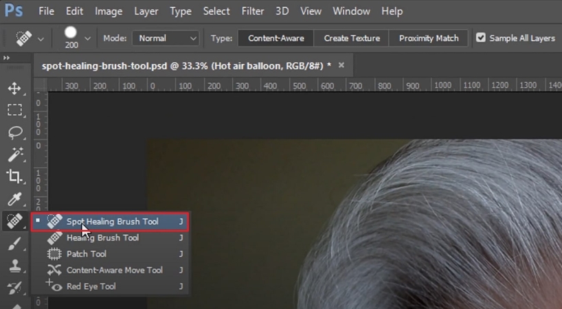 포토샵에서 Spot Healing Brush Tool 선택