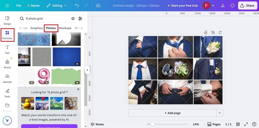 choose elements select the photos button