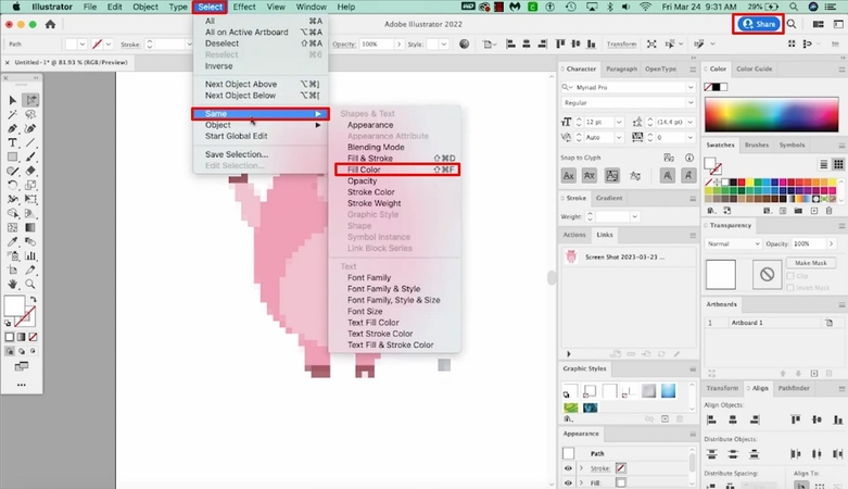 select share button to save pixel art