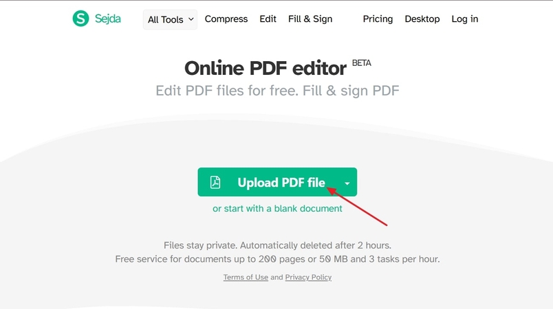 tap on upload pdf file sejda