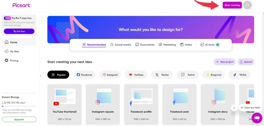 start a new editing project in picsart