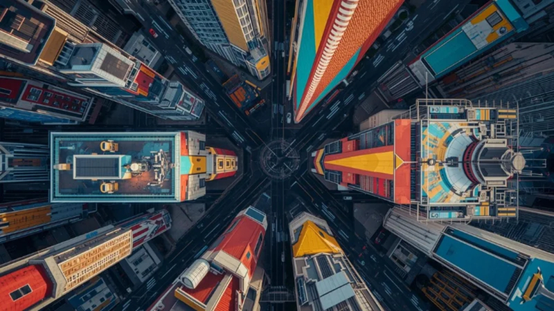 stylized drone shot city aerial creative effect