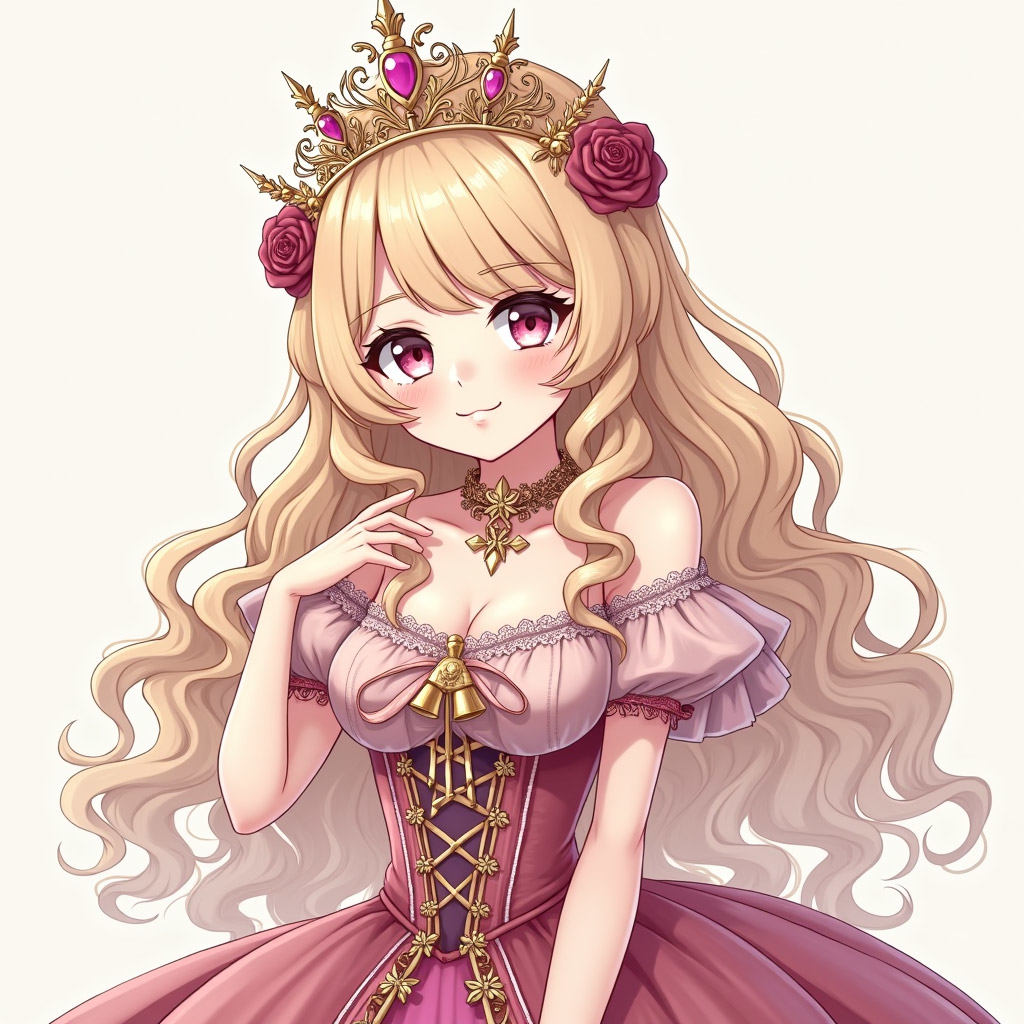 Anime princess character with drill curls, aristocratic hairstyle illustration