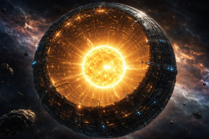 an image of a dyson sphere surrounding a distant star