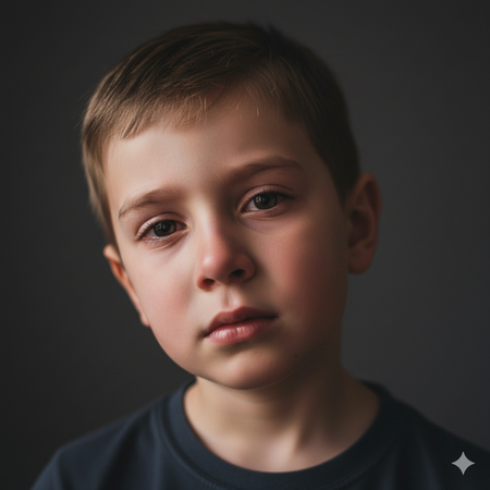 studio portrait of sad boy on dark background