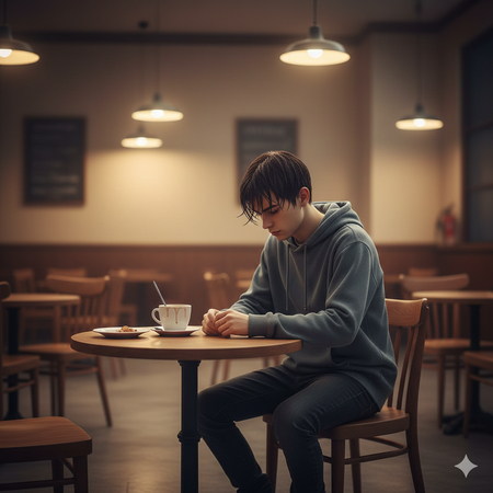 lonely sad boy sitting in empty cafe