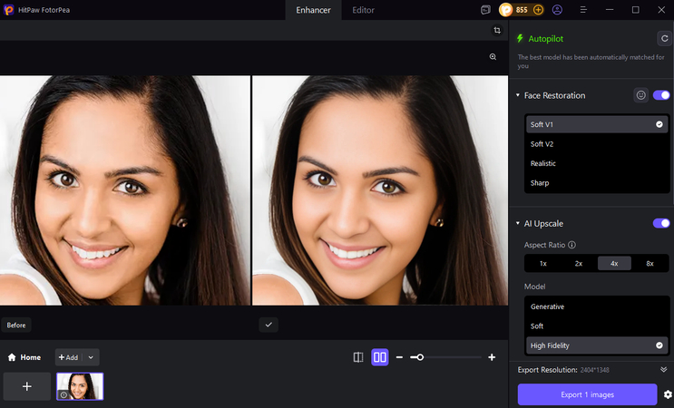 shiny face enhance with hitpaw fotorpea