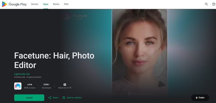 google play screenshot of facetune